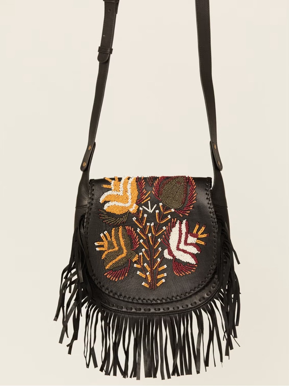 Bohemian Black Fringe Crossbody Bag with Embroidered Floral Detail